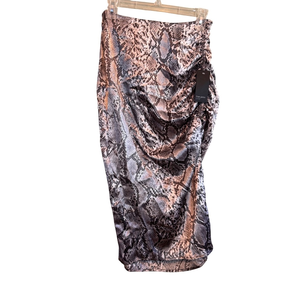 NWT Free Press Womens Snakeskin Satin Ruched Party Evening Midi Skirt Gray Small
